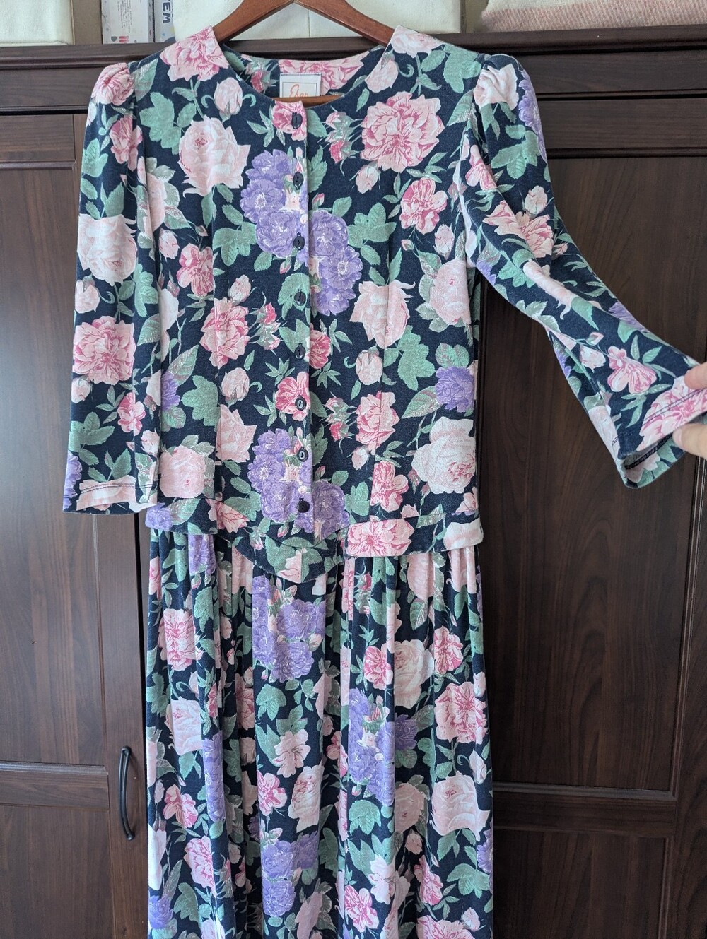 Vintage Black Floral Long Sleeved Dress Button Down Drop Waist Large XLG
